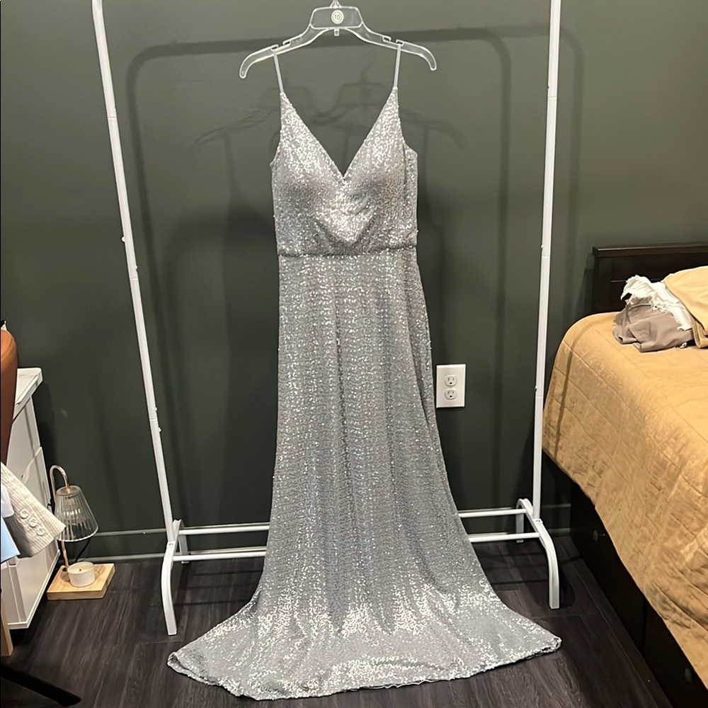 Silver Sequin Maxi Dress with V-Neck and Spaghetti Straps